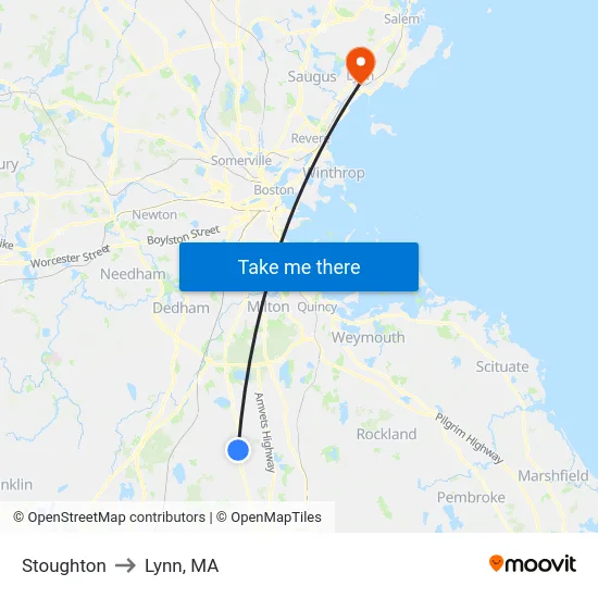 Stoughton to Lynn, MA map