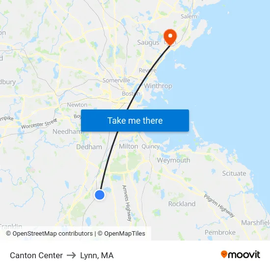 Canton Center to Lynn, MA map
