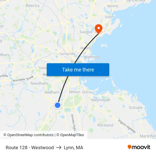Route 128 - Westwood to Lynn, MA map
