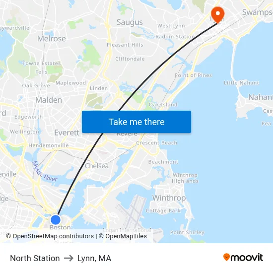 North Station to Lynn, MA map