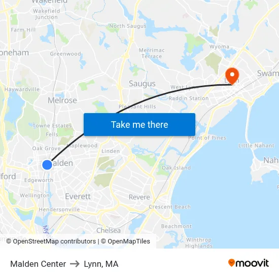 Malden Center to Lynn, MA map