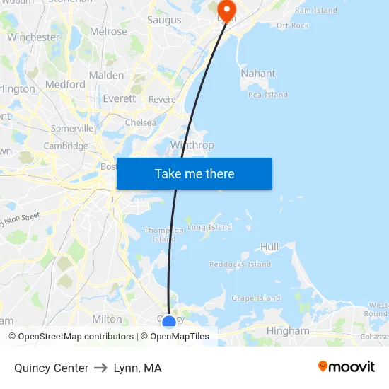 Quincy Center to Lynn, MA map