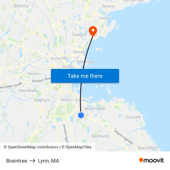 Braintree to Lynn, MA map