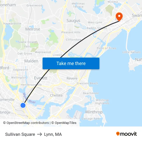 Sullivan Square to Lynn, MA map