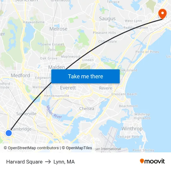 Harvard Square to Lynn, MA map