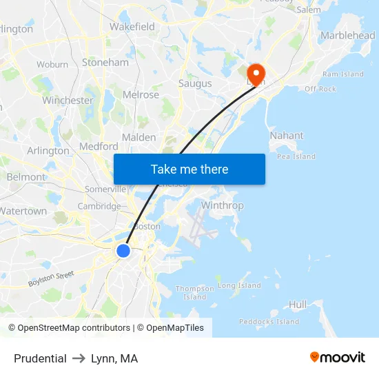 Prudential to Lynn, MA map