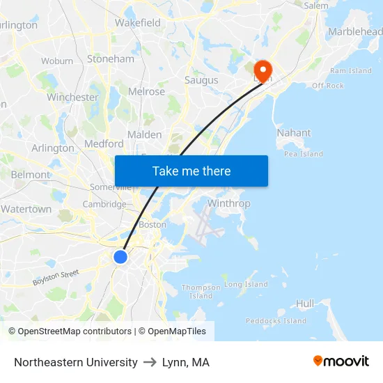 Northeastern University to Lynn, MA map