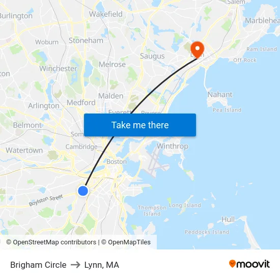 Brigham Circle to Lynn, MA map
