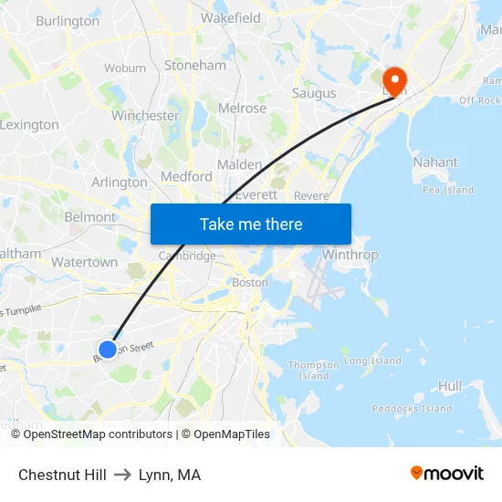 Chestnut Hill to Lynn, MA map