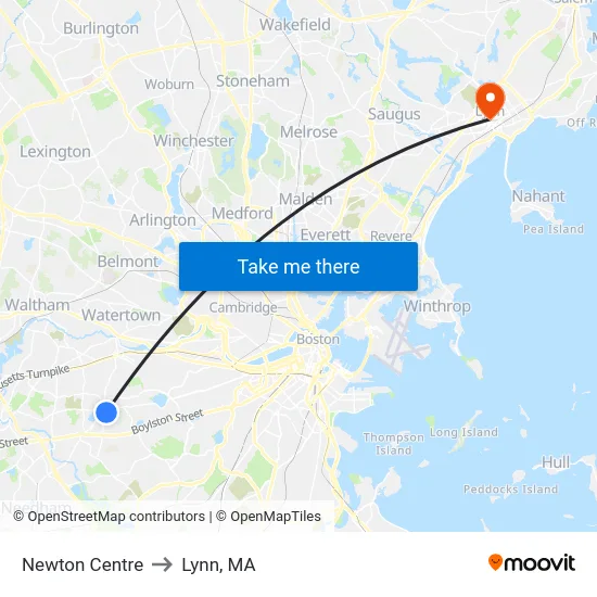 Newton Centre to Lynn, MA map