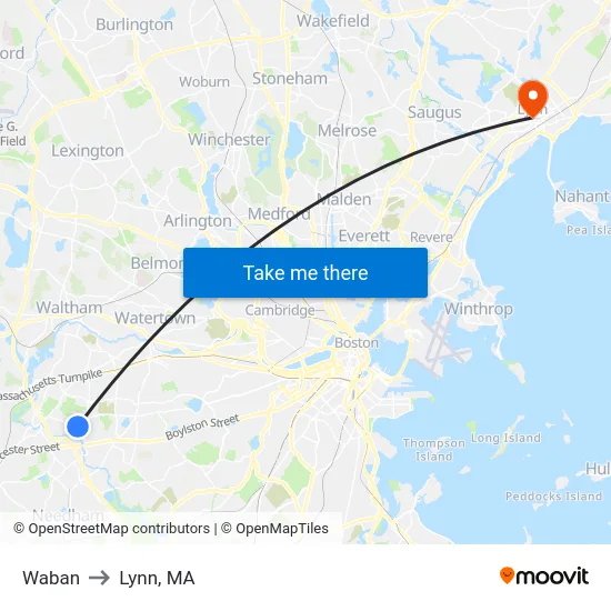 Waban to Lynn, MA map