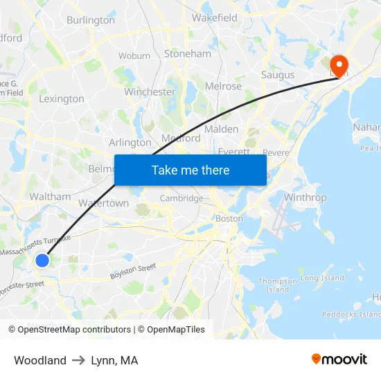 Woodland to Lynn, MA map