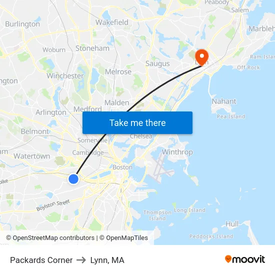 Packards Corner to Lynn, MA map
