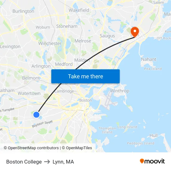 Boston College to Lynn, MA map