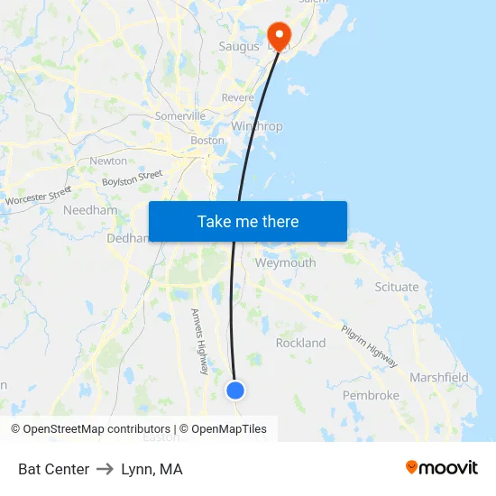 Bat Center to Lynn, MA map