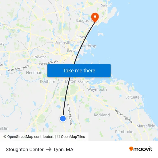 Stoughton Center to Lynn, MA map