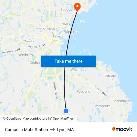 Campello Mbta Station to Lynn, MA map