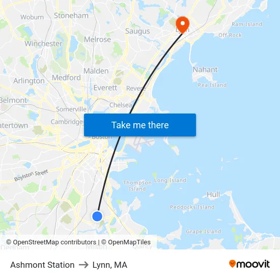 Ashmont Station to Lynn, MA map