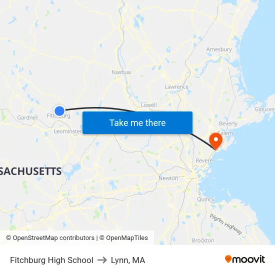 Fitchburg High School to Lynn, MA map