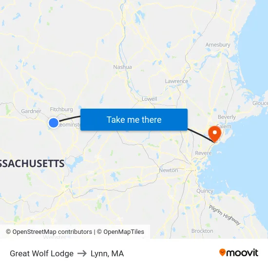 Great Wolf Lodge to Lynn, MA map