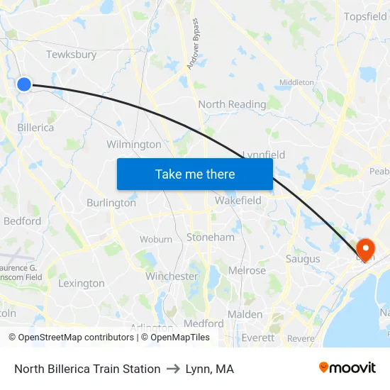 North Billerica Train Station to Lynn, MA map
