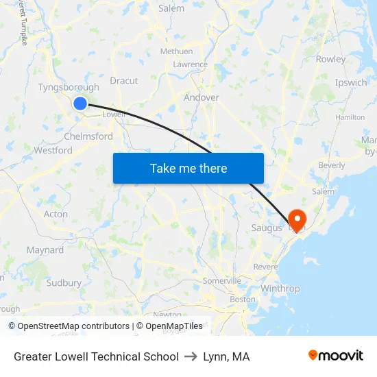 Greater Lowell Technical School to Lynn, MA map