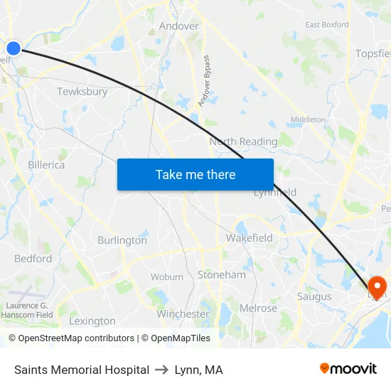 Saints Memorial Hospital to Lynn, MA map