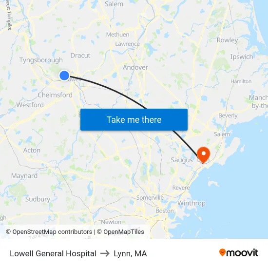 Lowell General Hospital to Lynn, MA map