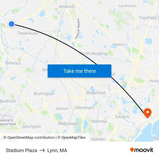 Stadium Plaza to Lynn, MA map