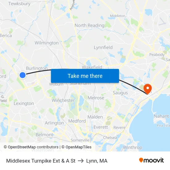 Middlesex Turnpike Ext & A St to Lynn, MA map