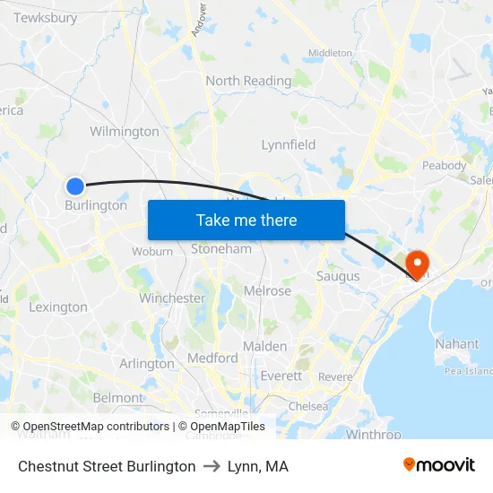 Chestnut Street Burlington to Lynn, MA map