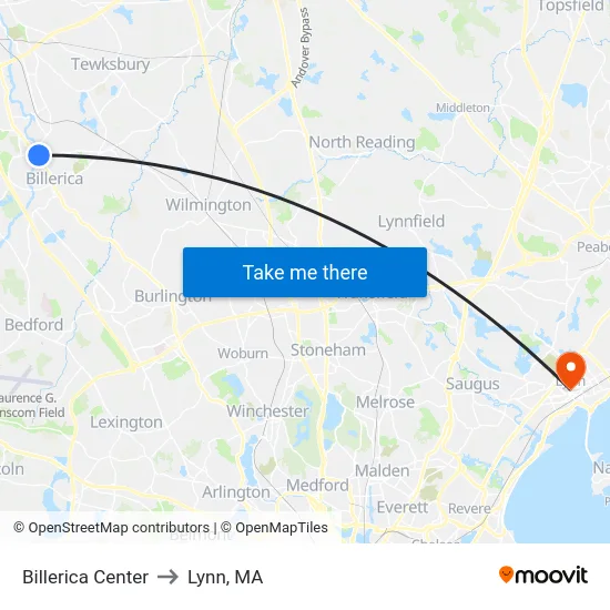 Billerica Center to Lynn, MA map