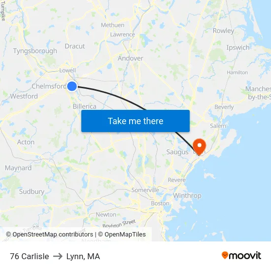 76 Carlisle to Lynn, MA map