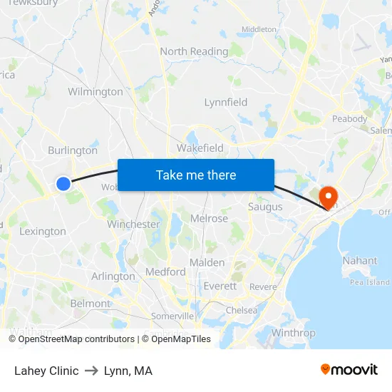Lahey Clinic to Lynn, MA map