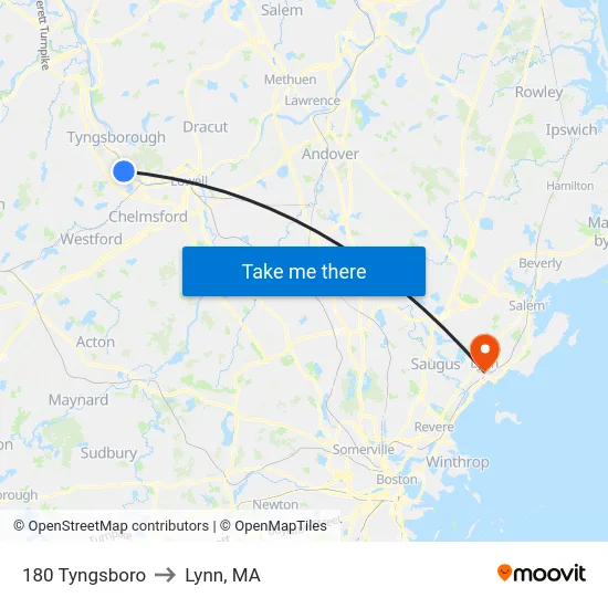 180 Tyngsboro to Lynn, MA map