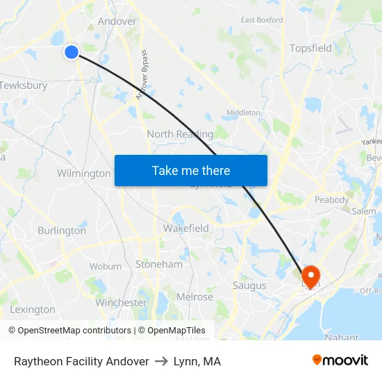 Raytheon Facility Andover to Lynn, MA map