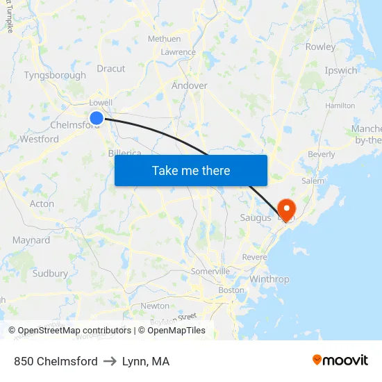 850 Chelmsford to Lynn, MA map