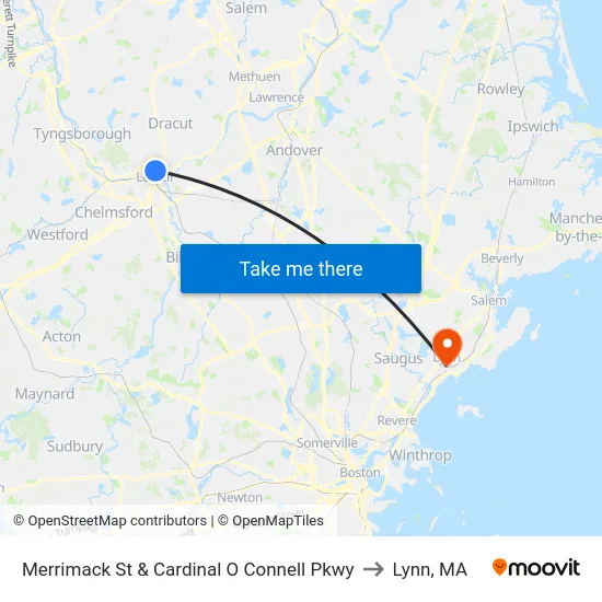 Merrimack St & Cardinal O Connell Pkwy to Lynn, MA map