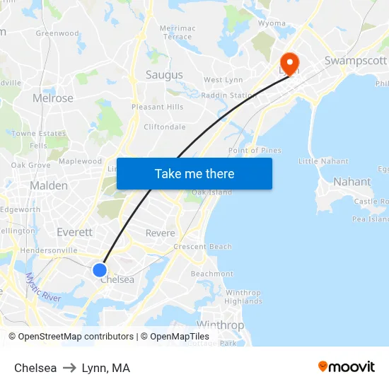 Chelsea to Lynn, MA map