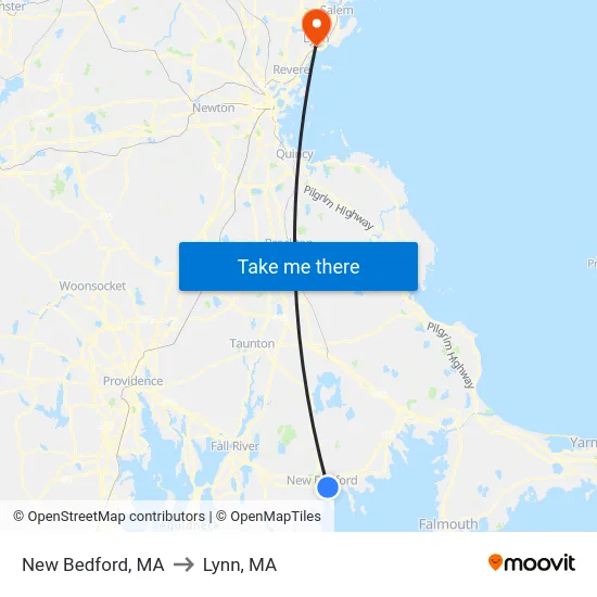 New Bedford, MA to Lynn, MA map