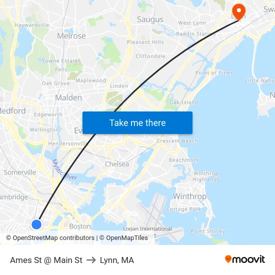 Ames St @ Main St to Lynn, MA map