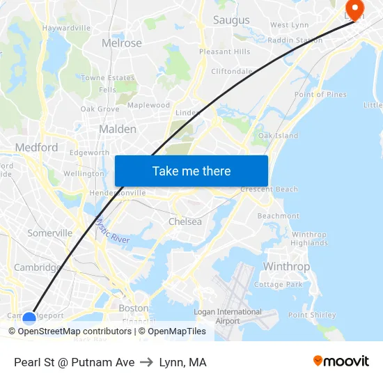 Pearl St @ Putnam Ave to Lynn, MA map