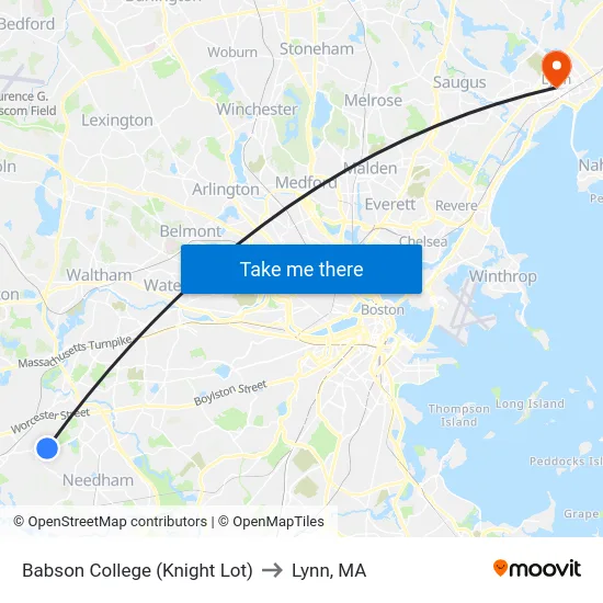 Babson College (Knight Lot) to Lynn, MA map