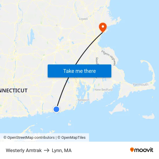 Westerly Amtrak to Lynn, MA map