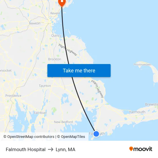 Falmouth Hospital to Lynn, MA map