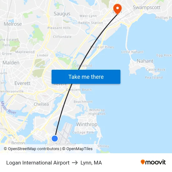 Logan International Airport to Lynn, MA map