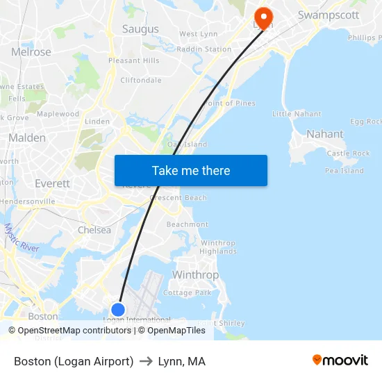 Boston (Logan Airport) to Lynn, MA map