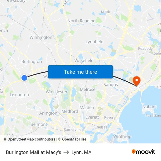 Burlington Mall at Macy's to Lynn, MA map