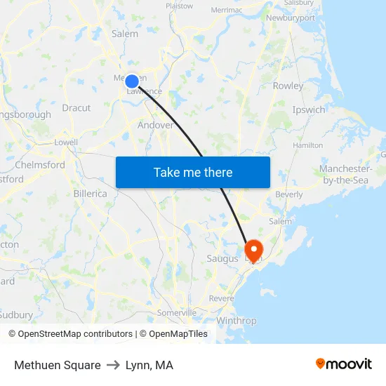 Methuen Square to Lynn, MA map