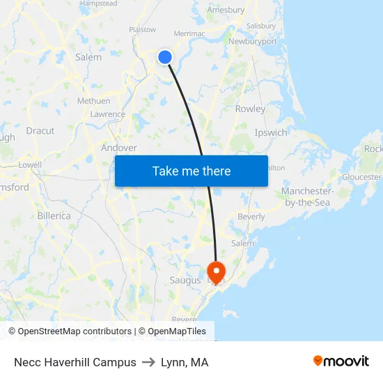 Necc Haverhill Campus to Lynn, MA map